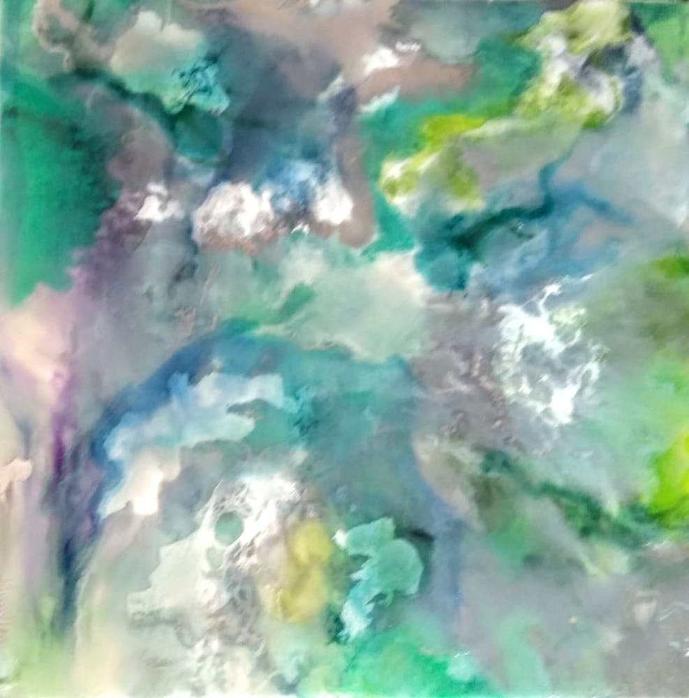 Fading Retribution - Artwork that blends various shades of green, grey, silver, white, and blue, with a slight touch of purple to create a stunning visual experience and may depict the idea of justice or vengeance that gradually fades away over time.