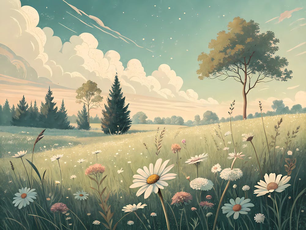 Retro Vintage Style A Peaceful Meadow With Scatter
