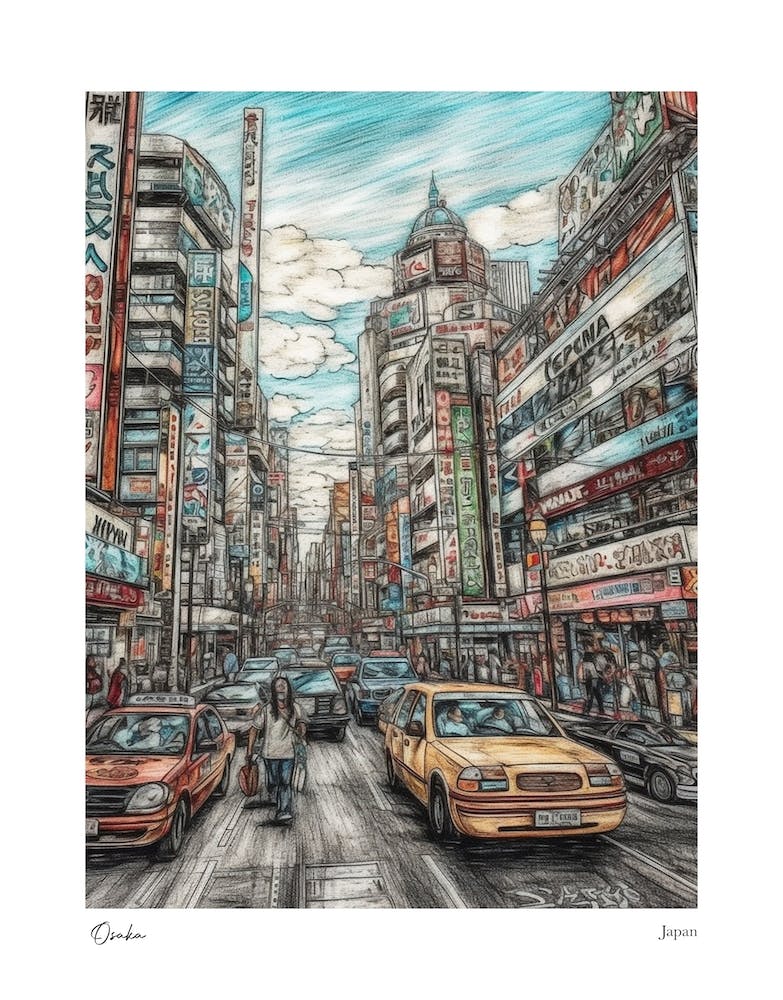 Osaka Japan Drawing Pencil Style 2 Travel Poster