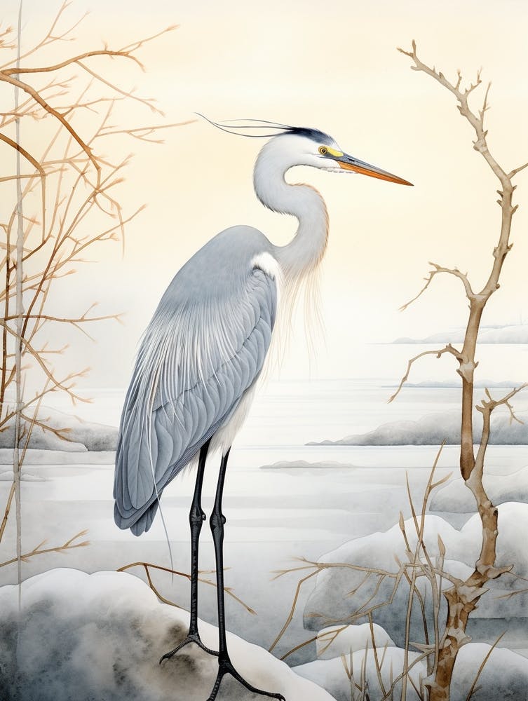Peinture d'oiseau hivernal Grand Héron Bleu 7