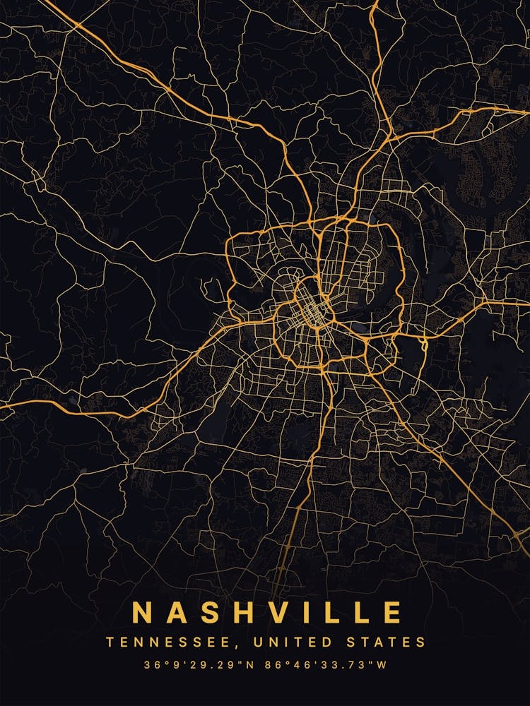 Nashville Tennessee USA Black And Gold Map