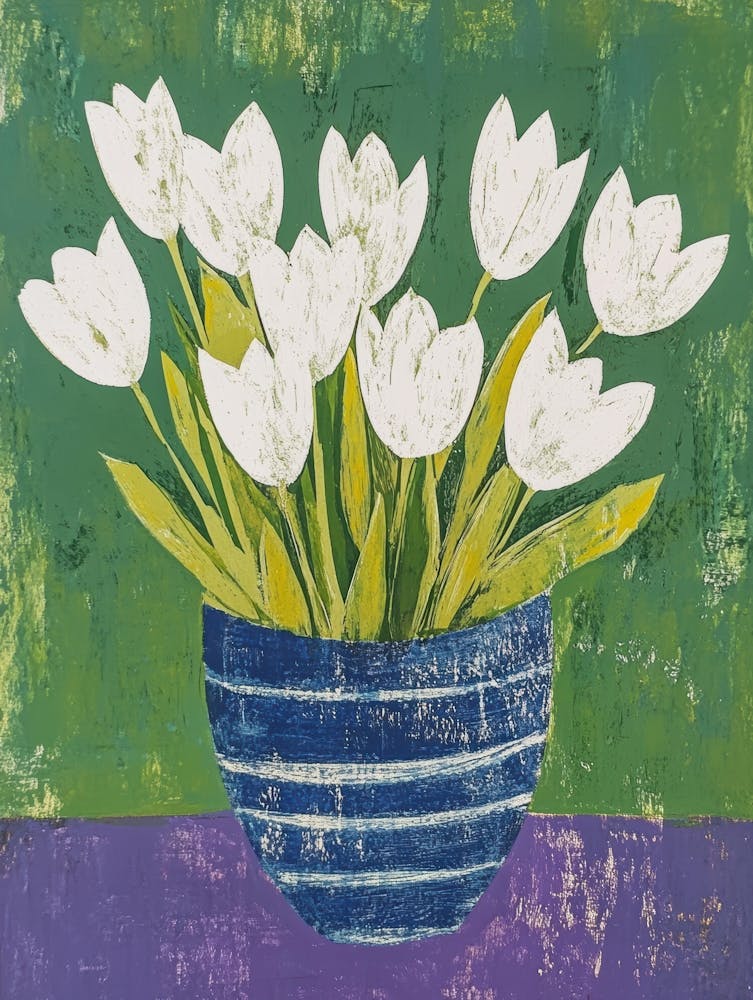 White Tulips In A Blue Bowl