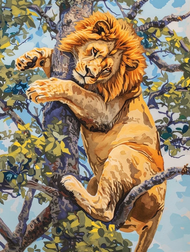 Southwest African Lion Climbing A Tree Fauvist Painting 1