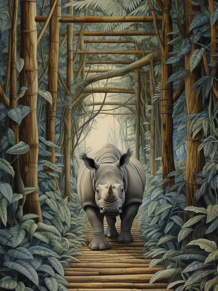 Nashorn Geht Über Die Holzbrücke Realistische Illustration 2