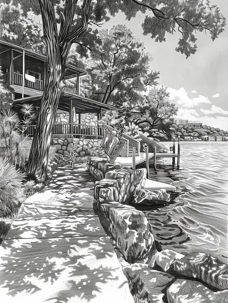 The Oasis On Lake Travis Austin Texas Black And White Drawing 3