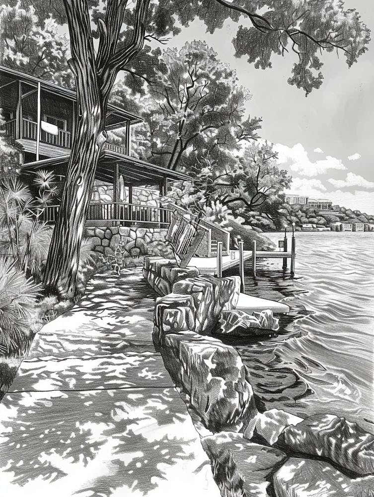 The Oasis On Lake Travis Austin Texas Black And White Drawing 3