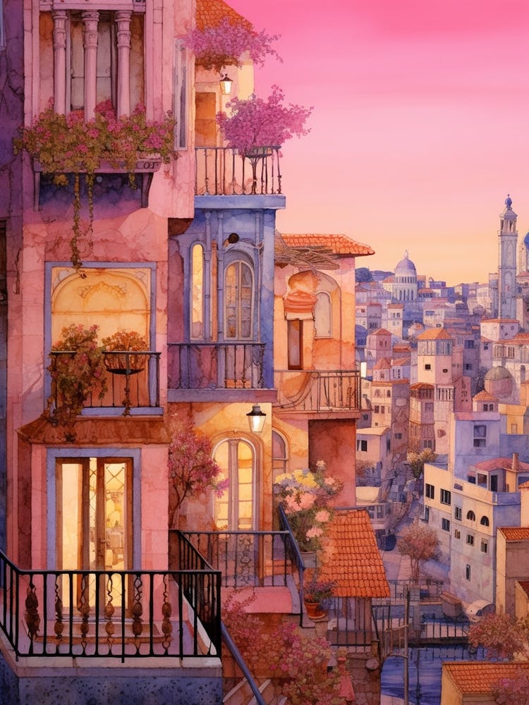 Istanbul Turkey 7 Vintage Pink Travel Illustration