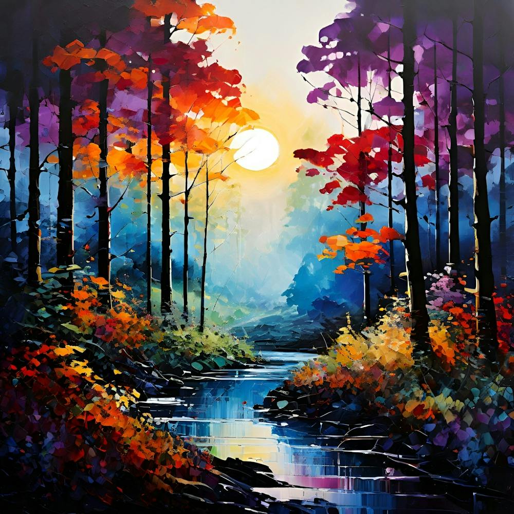 A Mesmerizing Semi Abstract Painting Captures A Serene Forest Landscape Bursting With Rich Foliage