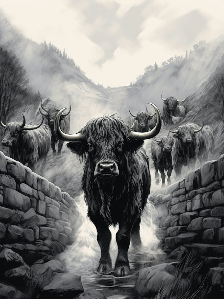 Black & White Illustration Of Highland Cow With A Brick Wall
