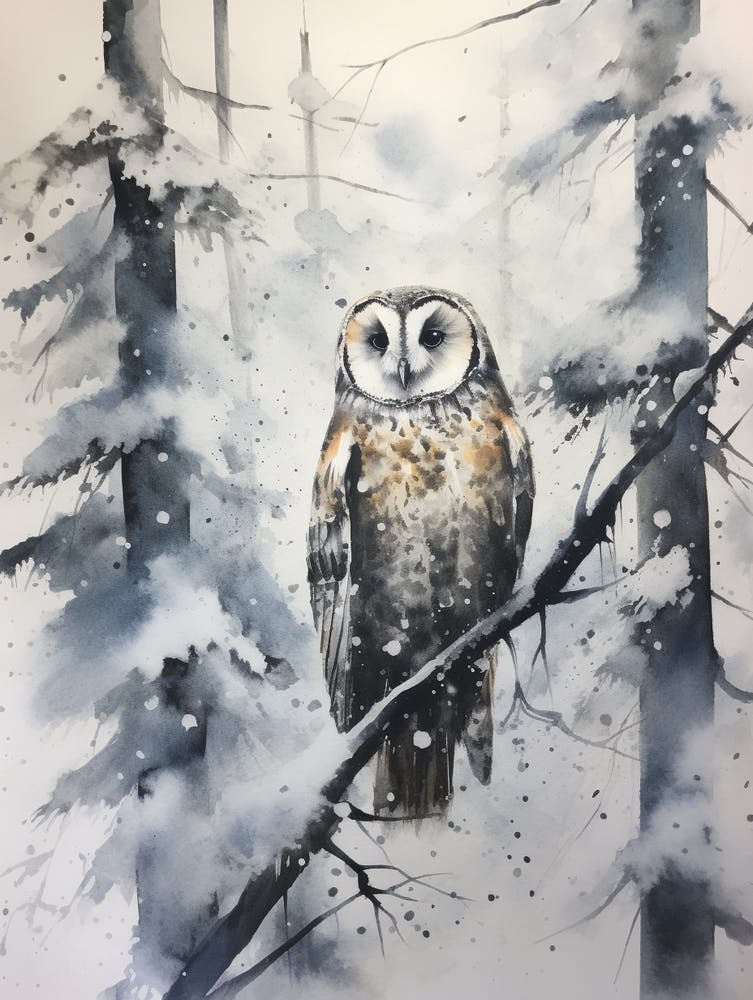 Winter Watercolour Owl 2