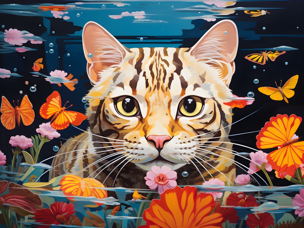 Bengal Cat Swimming In The Sea