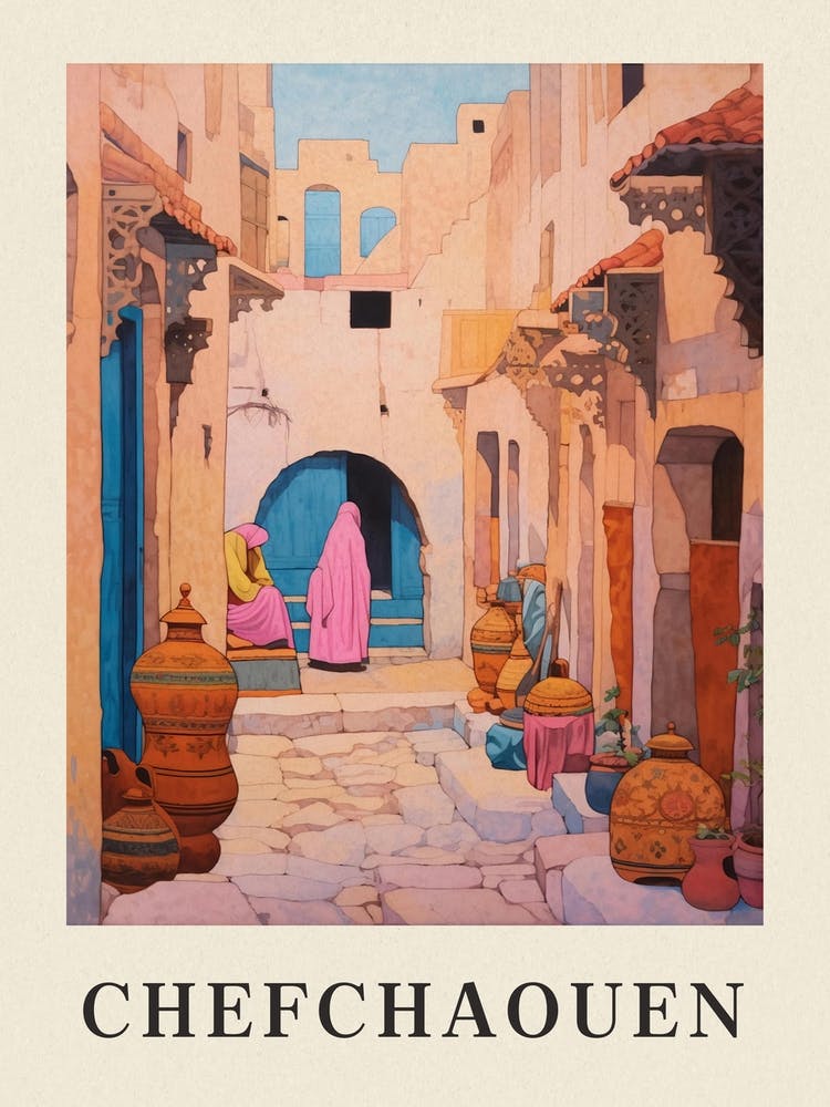 Chefchaouen Morocco 3 Vintage Pink Travel Illustration Poster