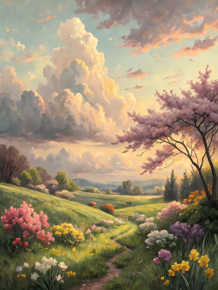 Oil Painting Style Vibrant Spring Meadow Cherry Blossoms and Rolling Hills
