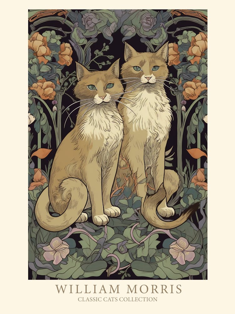 William Morris  Inspired  Classic Cats Orange Cats Floral