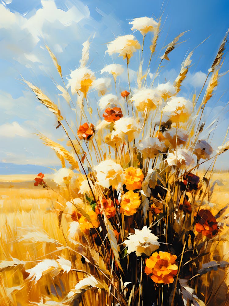Golden Wheat Field Floral Art Rustic Wildflowers Painting Warm Countryside Landscape Print