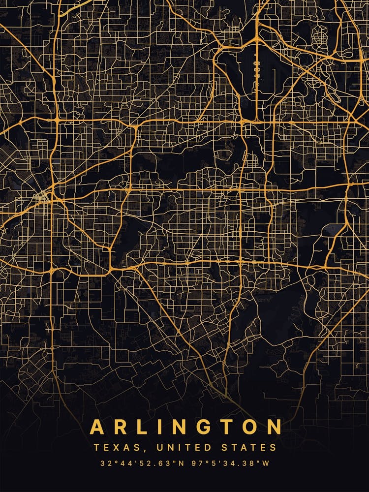 Arlington Texas USA Black And Gold Map