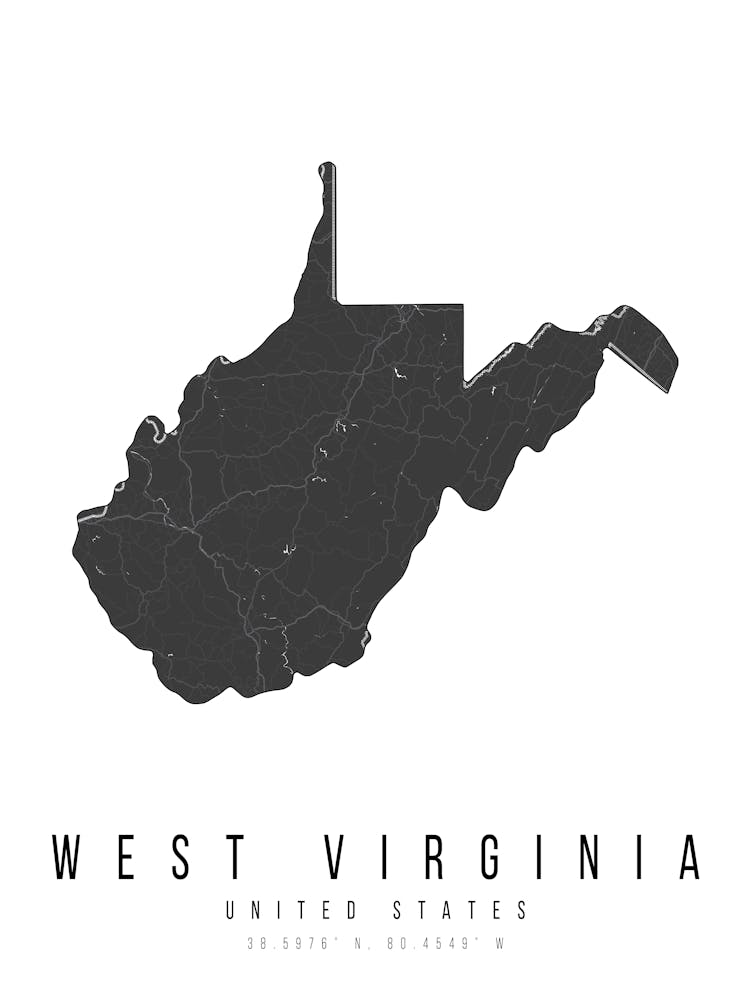 West Virginia Mono Black And White Modern Minimal Street Map