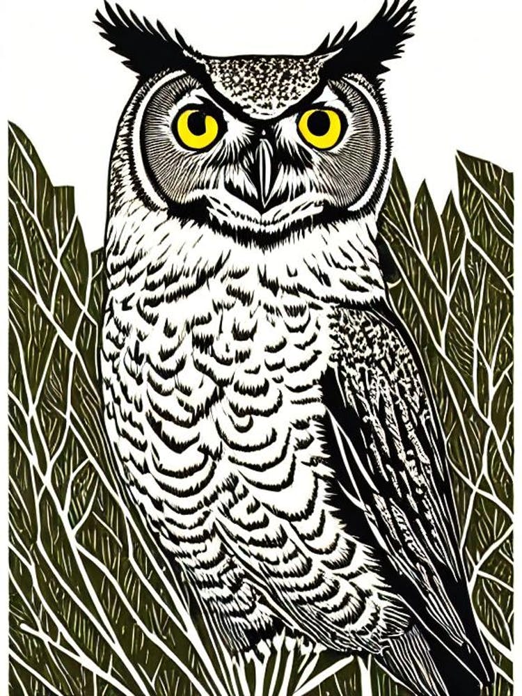 Great Horned Owl Linocut Bird