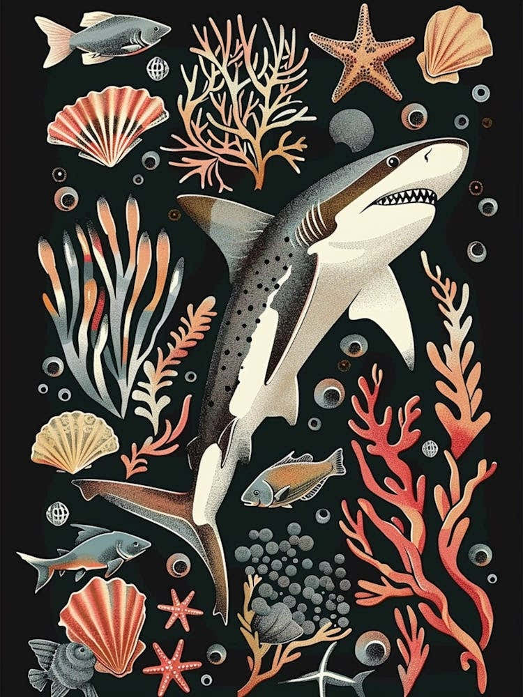 Blacktip Reef Shark Seascape Black Background Illustration 1