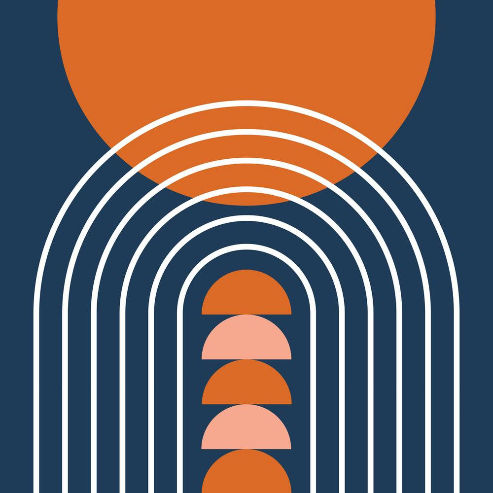 Moderne Mid-Century Passerelle Soleil Lune Arc-en-ciel 14 Abstrait en Bleu Marine et Orange Brûlé