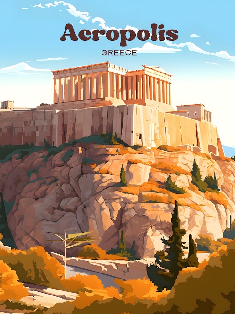 Acropolis Greece Sunset Travel Illustration