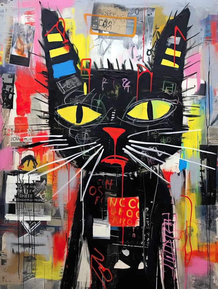 Meow-tropolis: Basquiat's style Neo-expressionism Black Cat