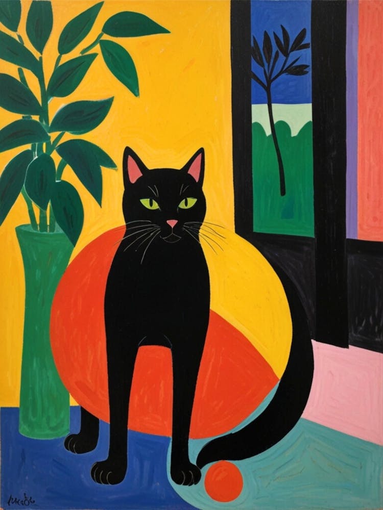 Black Cat With Orange Ball