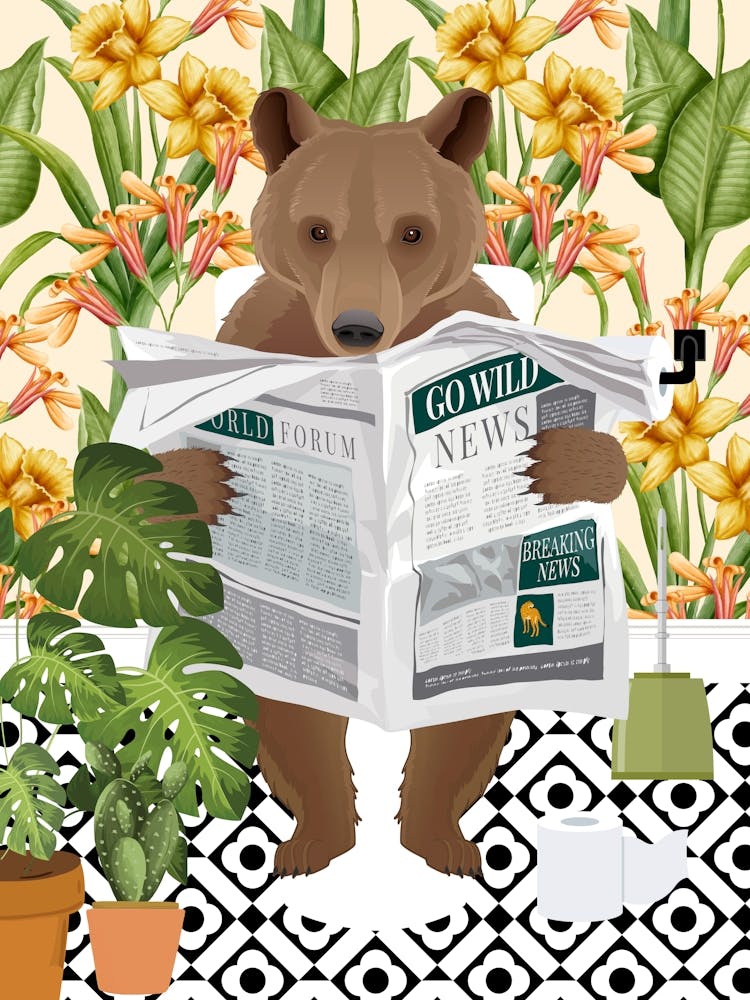 Bear On Toilet In Springtime Bathroom