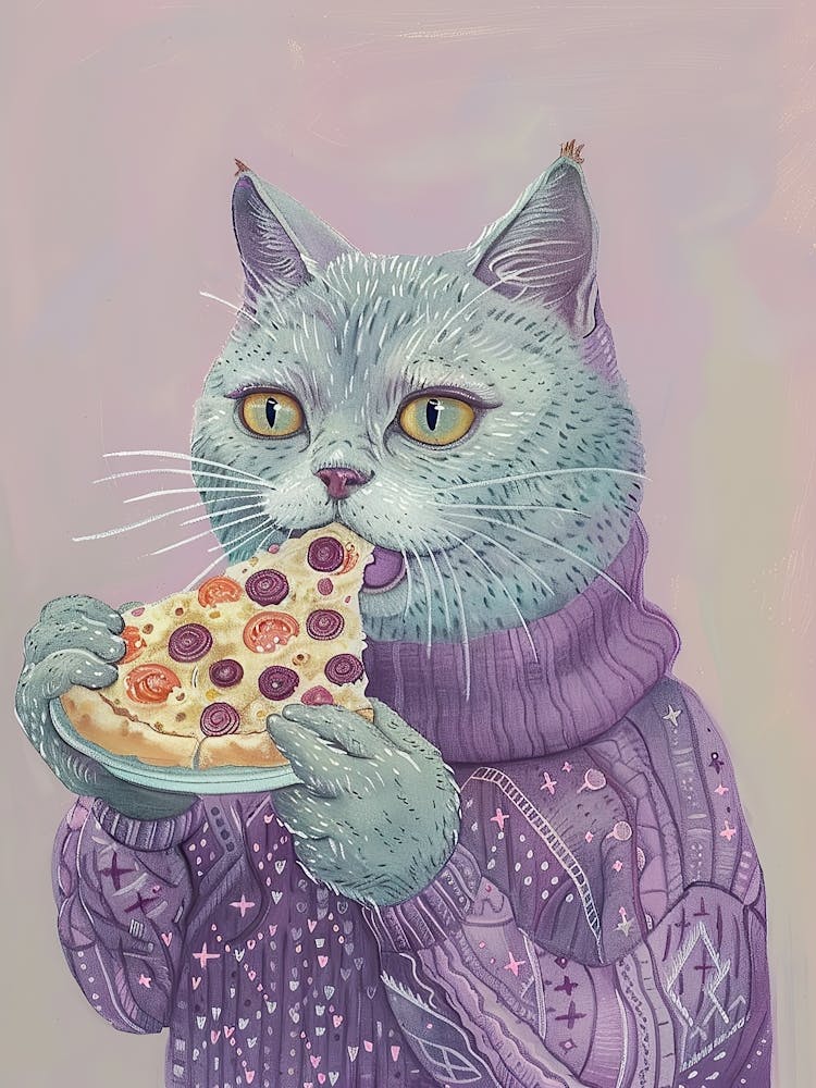 Chat Gris Mangeant Une Part de Pizza Illustration Folk 1