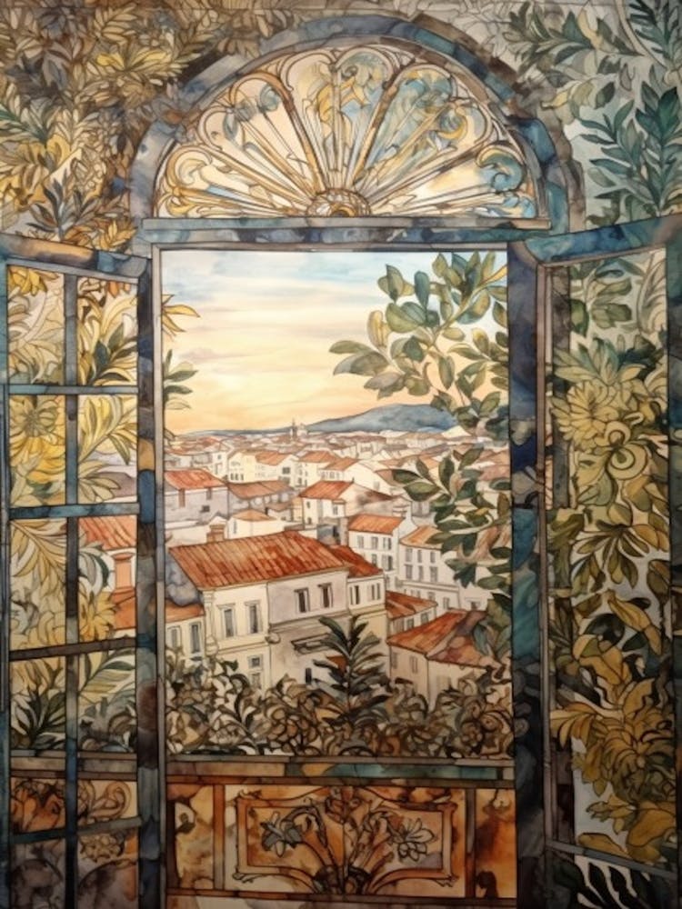 Window View Of Lisbon Portugal In The Style Of William Morris 1