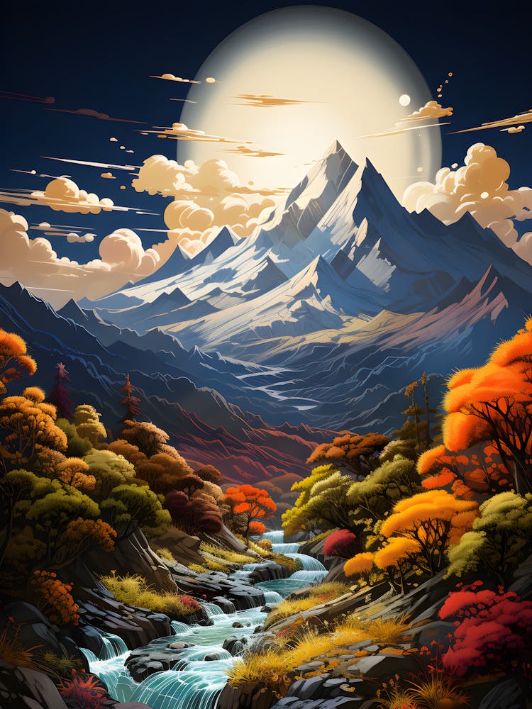 Majestic Mountain Landscape Wall Art – Autumn Forest River Print, Glowing Sun And Nature Poster, Dreamy Mountain Scene For Cozy Living Spaces
