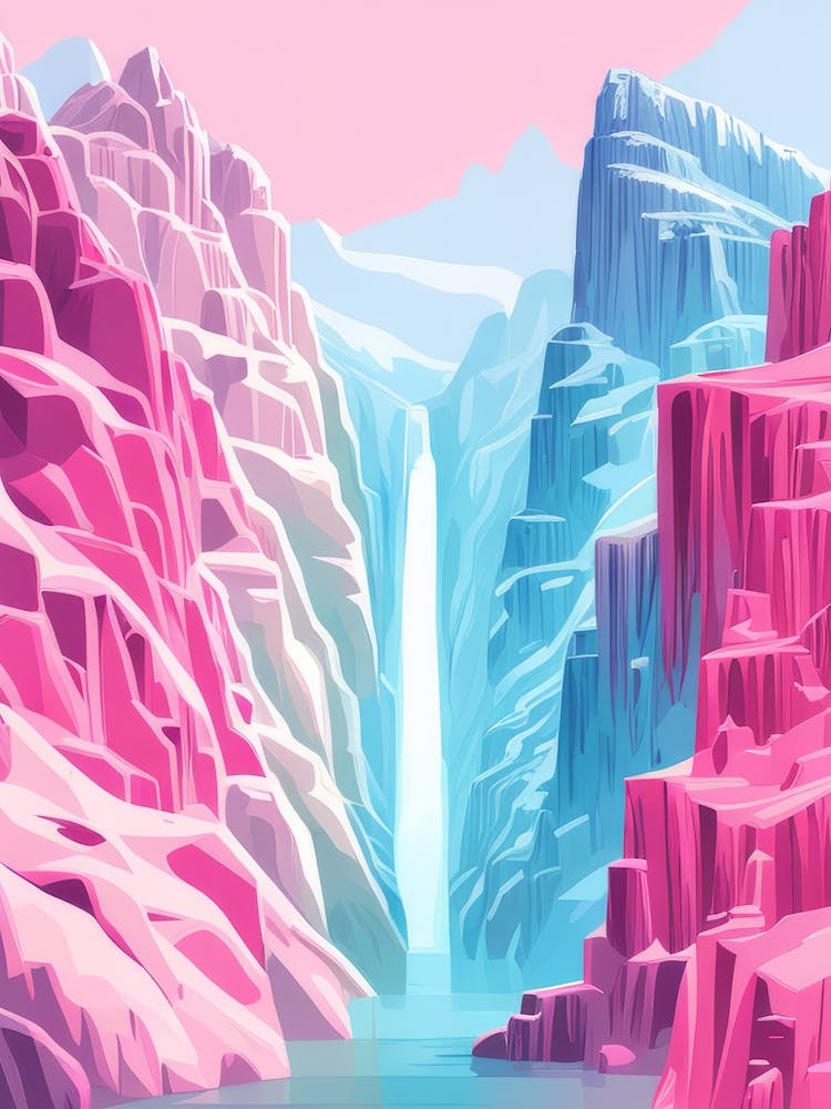 Bright Pink Blue Mystical Magical Lake Waterfall In Mountains