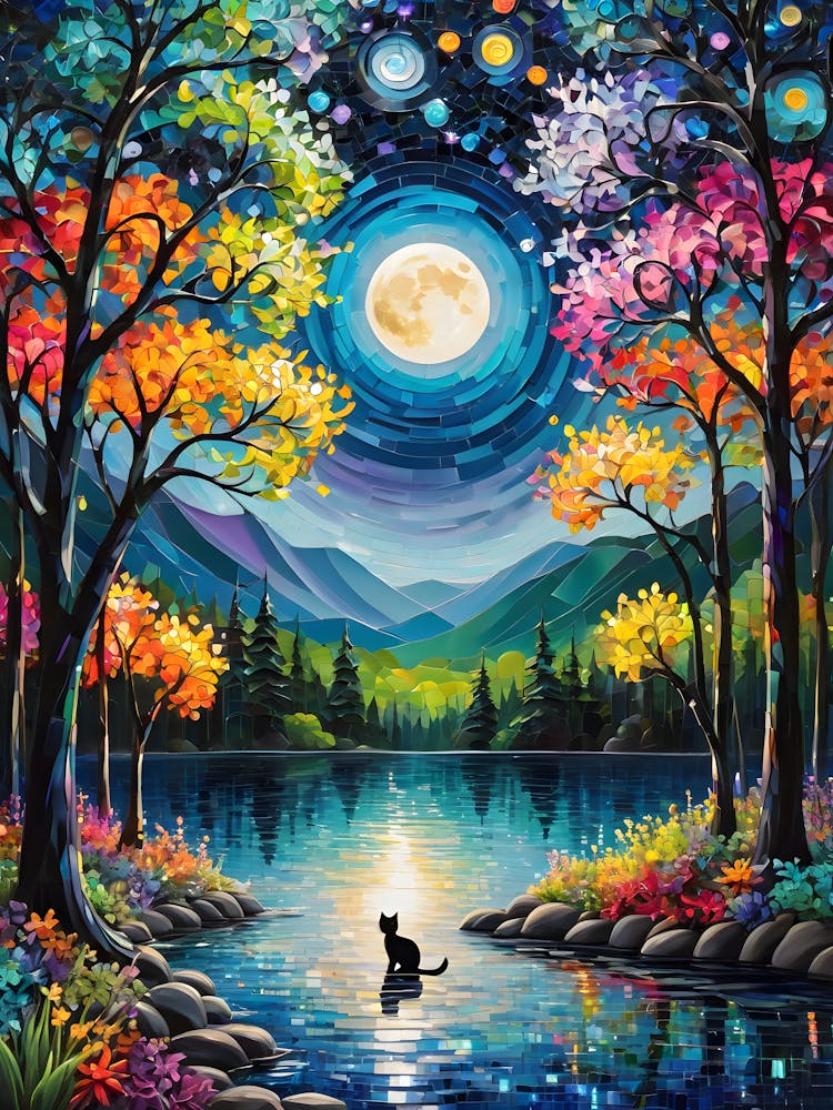 Magical Life - Beautiful Rainbow Mosiac of Whimsical Black Cat Watching the Full Moon by the Lake Whimsy Kitty Art for Cat Lover, Cat Lady, Chakra Pride Pagan Witch Colorful HD