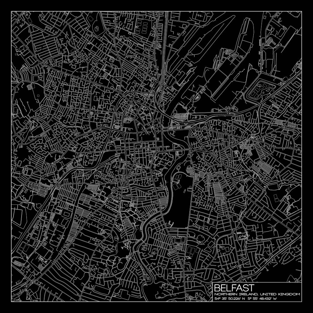 Belfast, Northern Ireland, city map white on black blueprint design