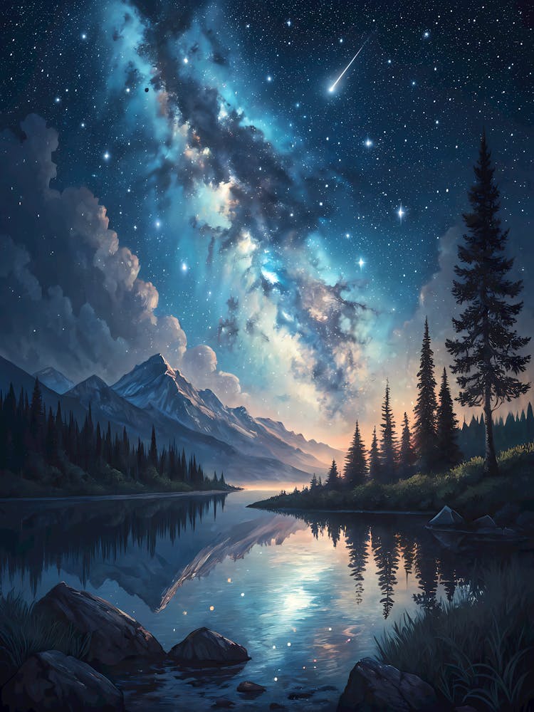 Starry Mountain Lake Milky Way Night Sky Landscape