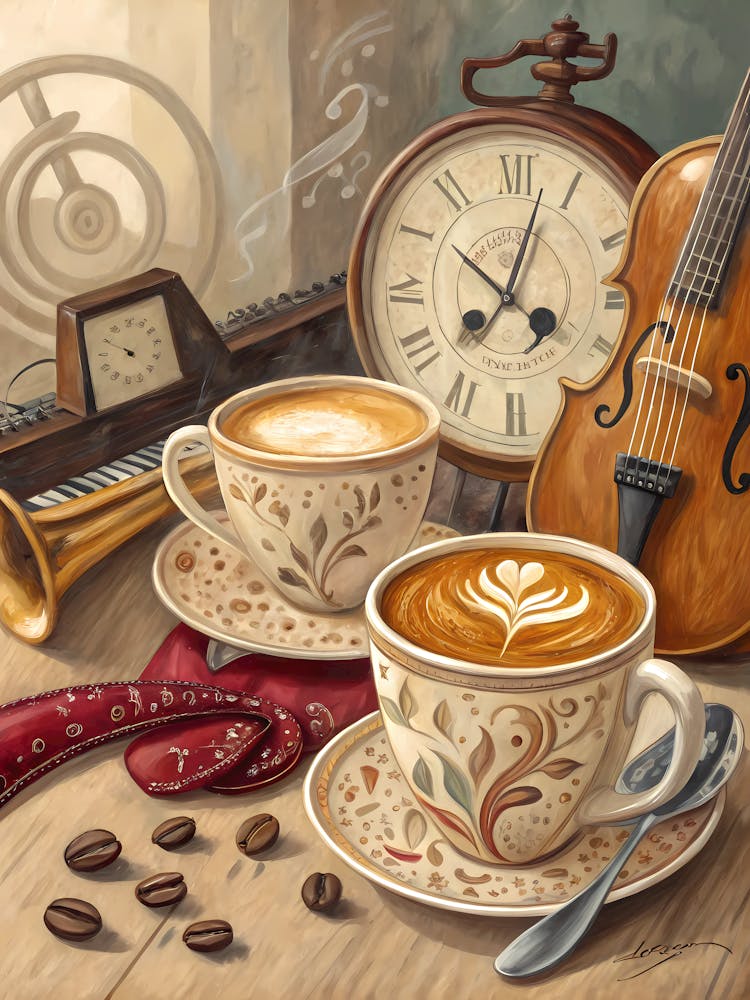 Oil Painting Style Espresso & Art Cafe Still Life with Violin & Clock