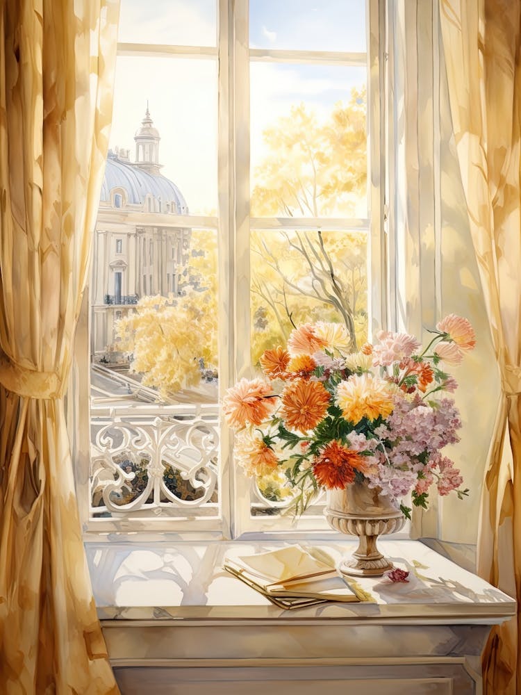 Window View Of Vienna Austria In Autumn Fall, Watercolour 1