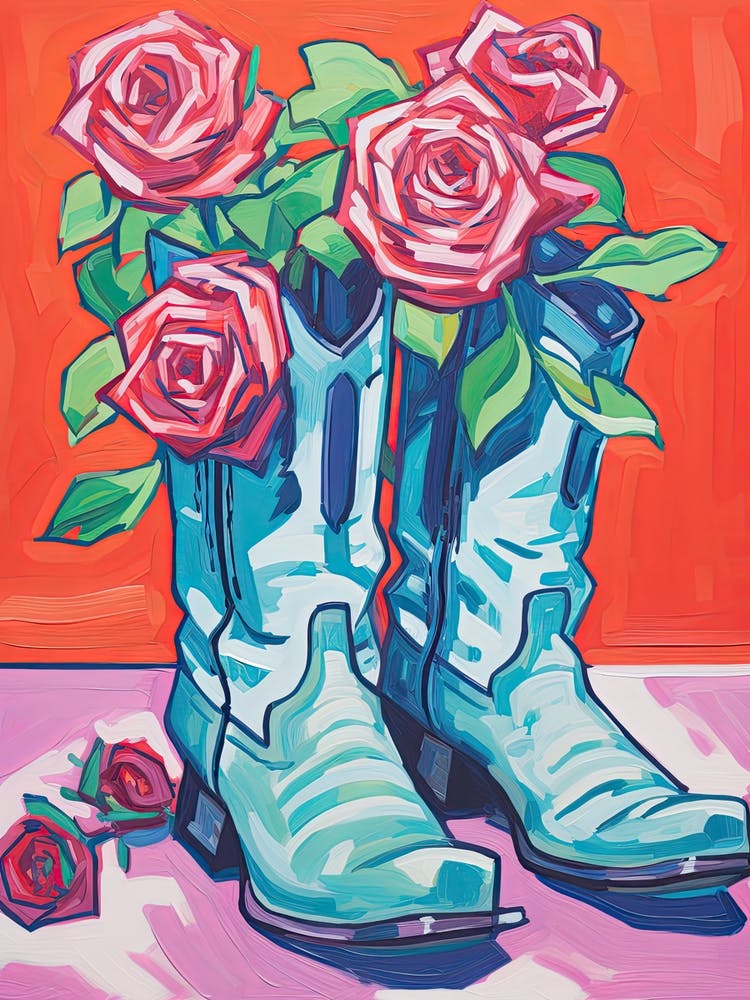 A Painting Of Cowboy Boots With Roses Flowers, Fauvist Style, Still Life 1