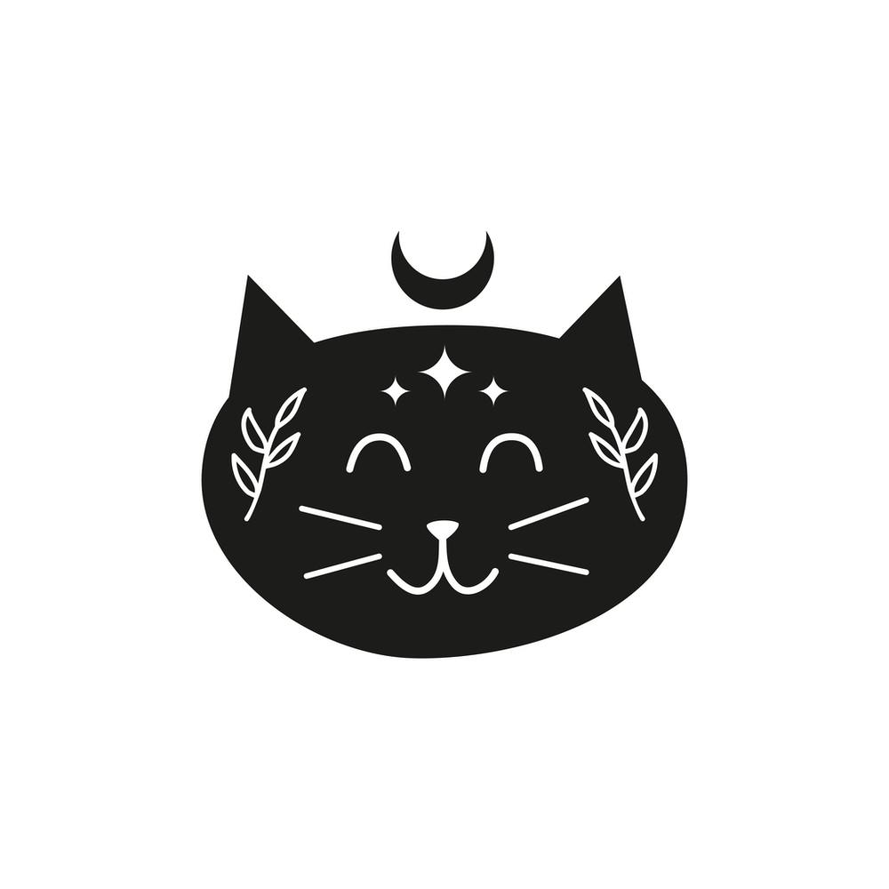 Black Boho Cat Character With Moon Leafy Branches Stars