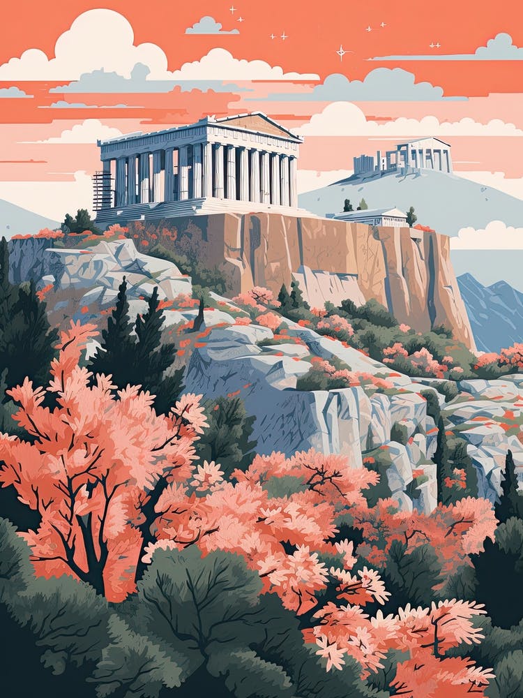 Parthenon Athènes, Grèce Mignonne illustration botanique de voyage 1