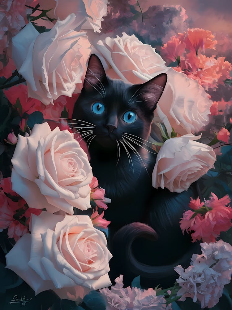 Black Cat In Roses