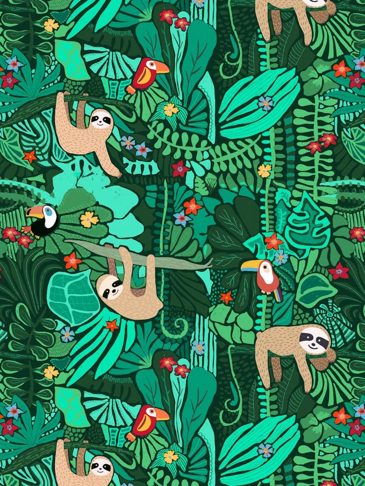 Happy Sloths in Bold Green Jungle Trees