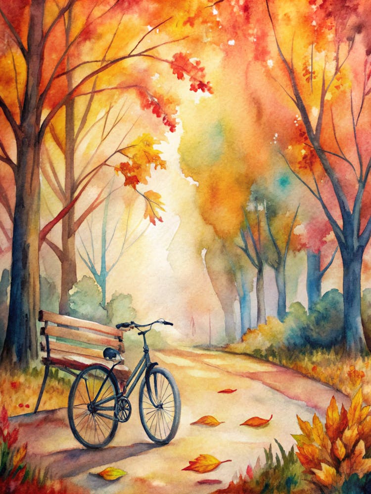 A Cozy Autumn Scene With A Bicycle Parked Near A