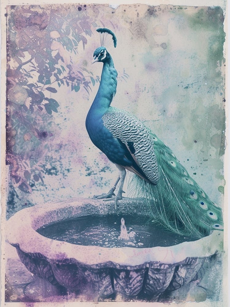 Lilac & Blue Peacock In A Fountain Cyanotype Inspired