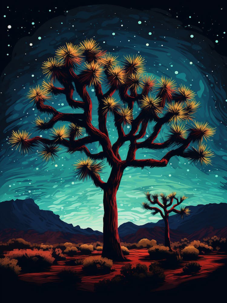 Joshua Tree With Starry Sky At Night In Retro Illustration Style (2)