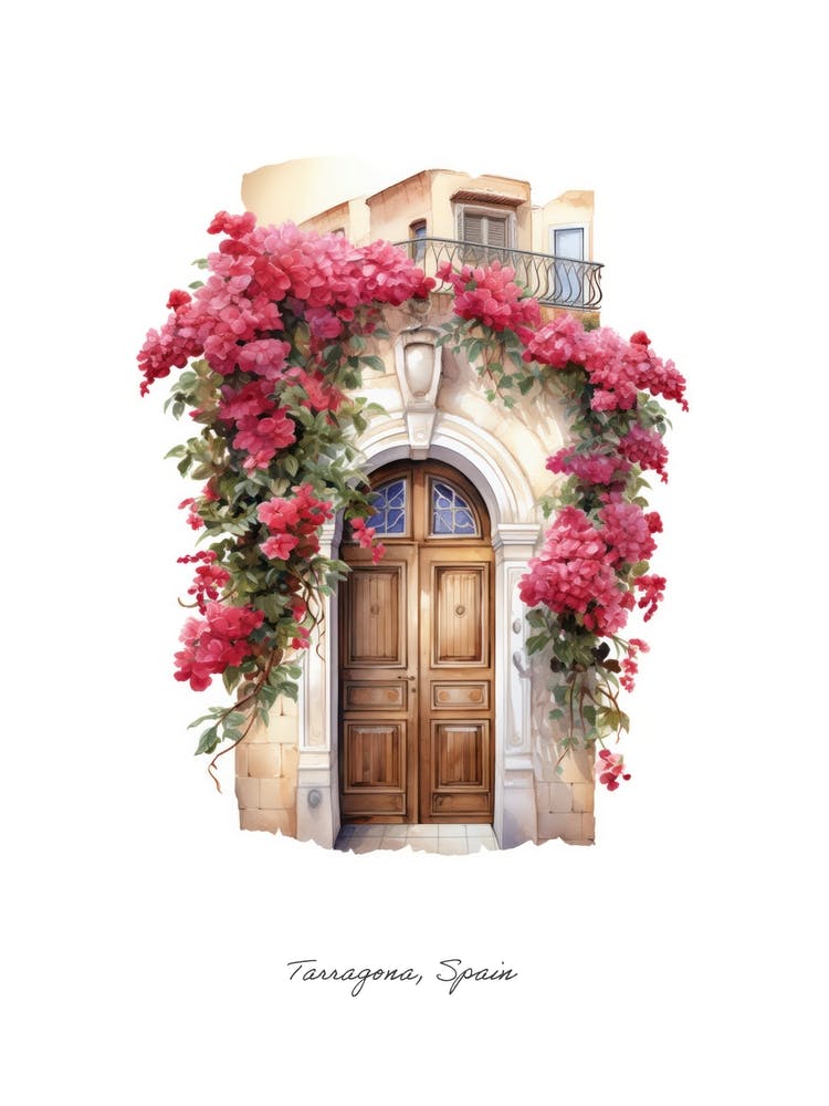 Tarragona, Spain   Mediterranean Doors Watercolour Painting 1 Poster