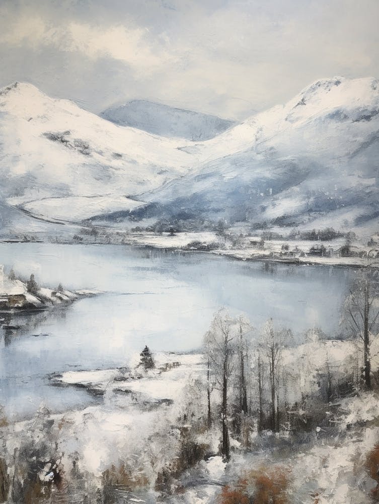 Vintage Winter Painting Lake District United Kingdom 3