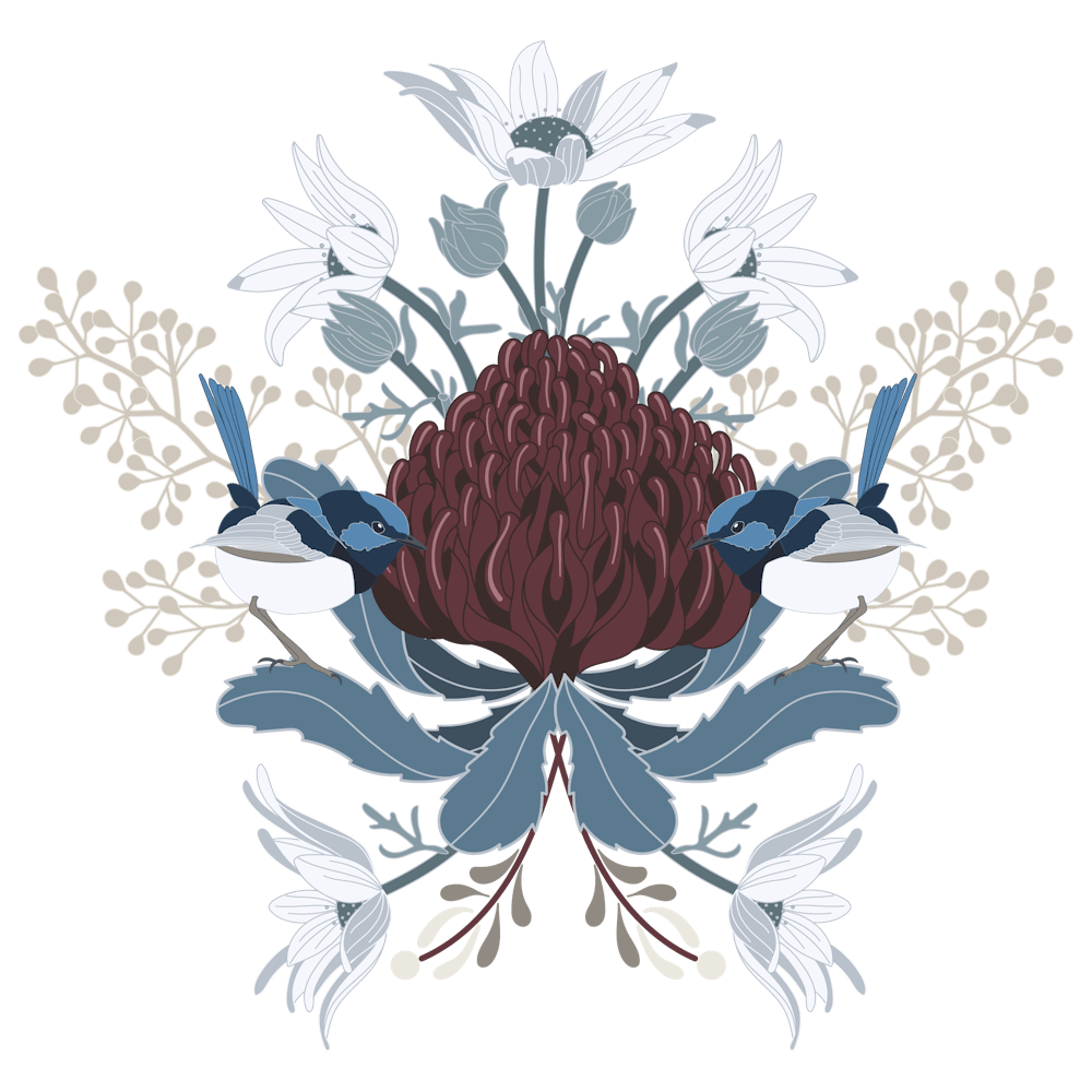 Waratah And Blue Wrens Australia Native White