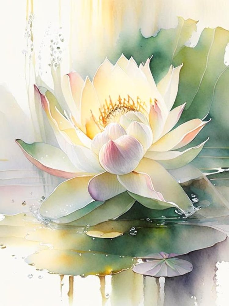 Blooming Lotus Flower In Pond Storybook Watercolour 5