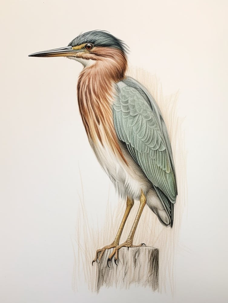 Dessin d'Oiseau Vintage Héron Vert 2